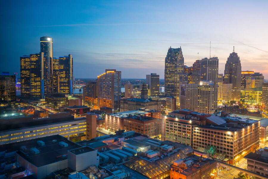 Detroit at twilight in Michigan USA