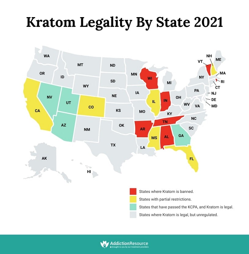 Kratom Legality By State USA map.