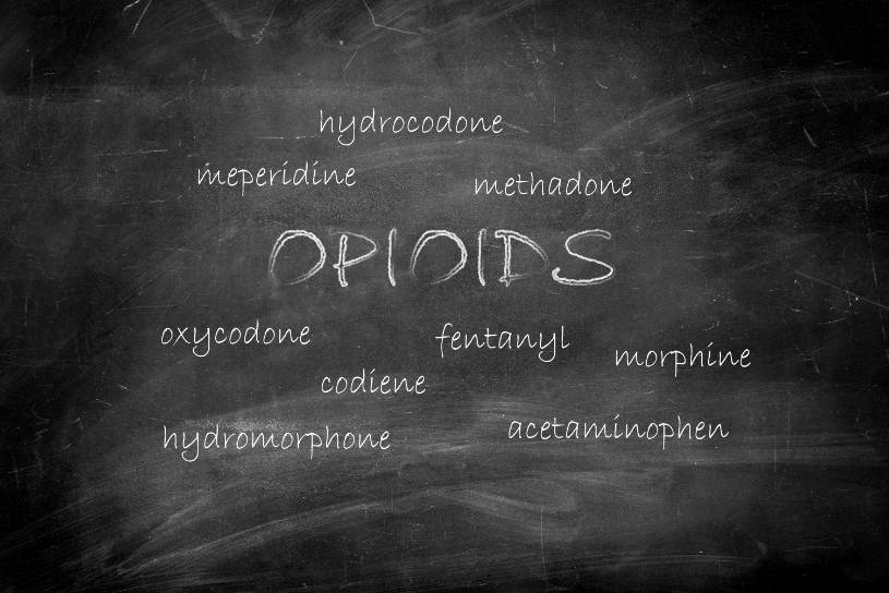 The word opioids on the blackboard.