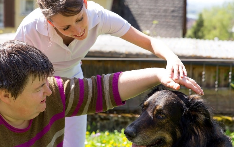 Therapist and patient stroking a dog.