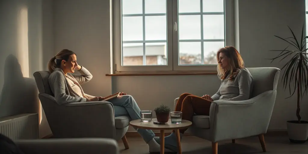Therapist discussing addiction treatment options and recovery strategies with a patient during a counseling session.