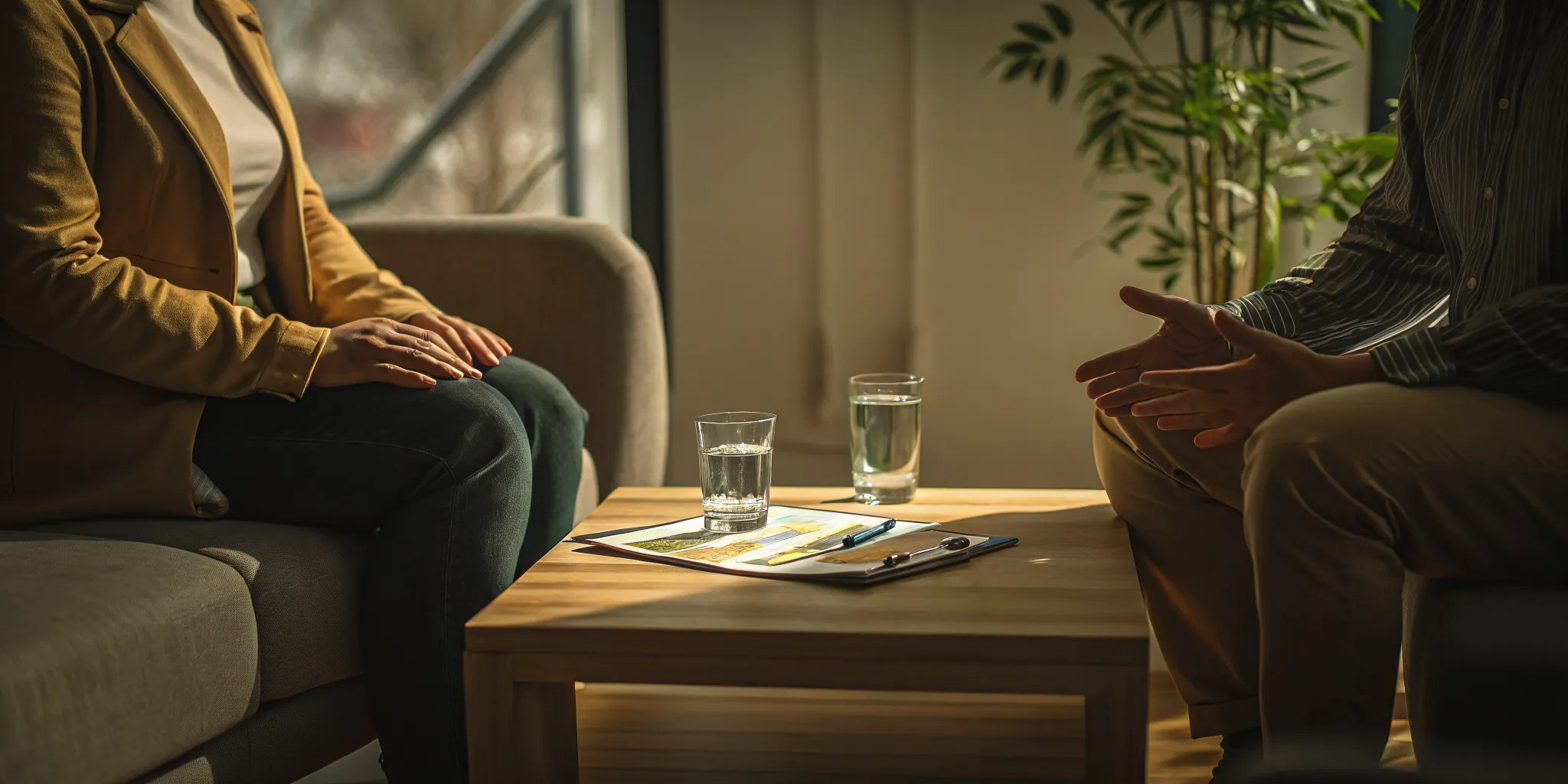 A patient and counselor discuss options at a drug addiction treatment center.