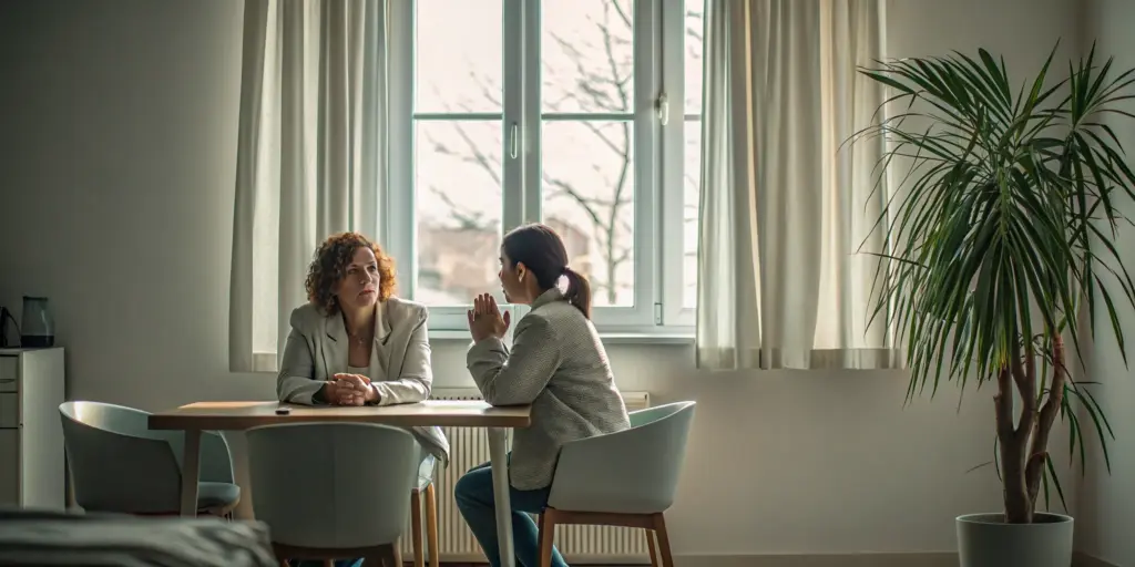 A woman learns about substance abuse treatment centers from a counselor.