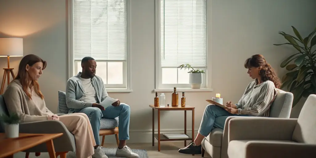 A counselor discussing alcohol rehab options with adults