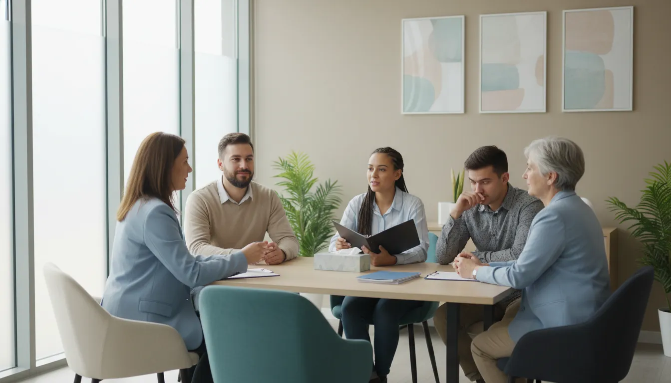 Counselor discussing drug rehab options with adults
