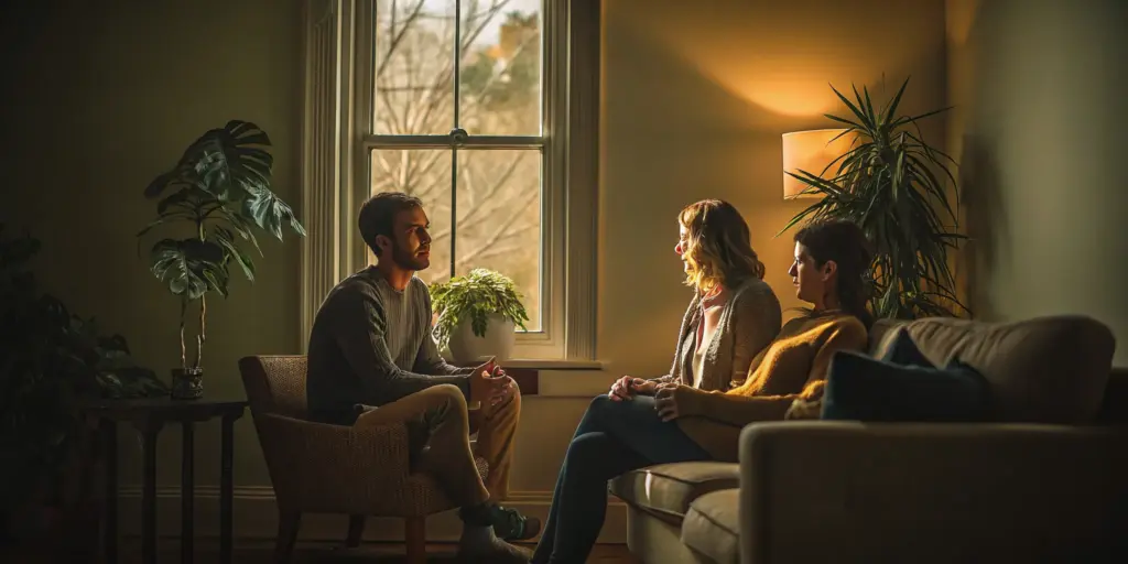 Counselor helping adults discuss opioid rehab treatment options