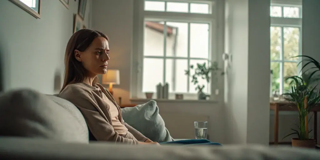 Woman sitting on a couch at home, holding a glass of water, thoughtful expression in a calm residential setting