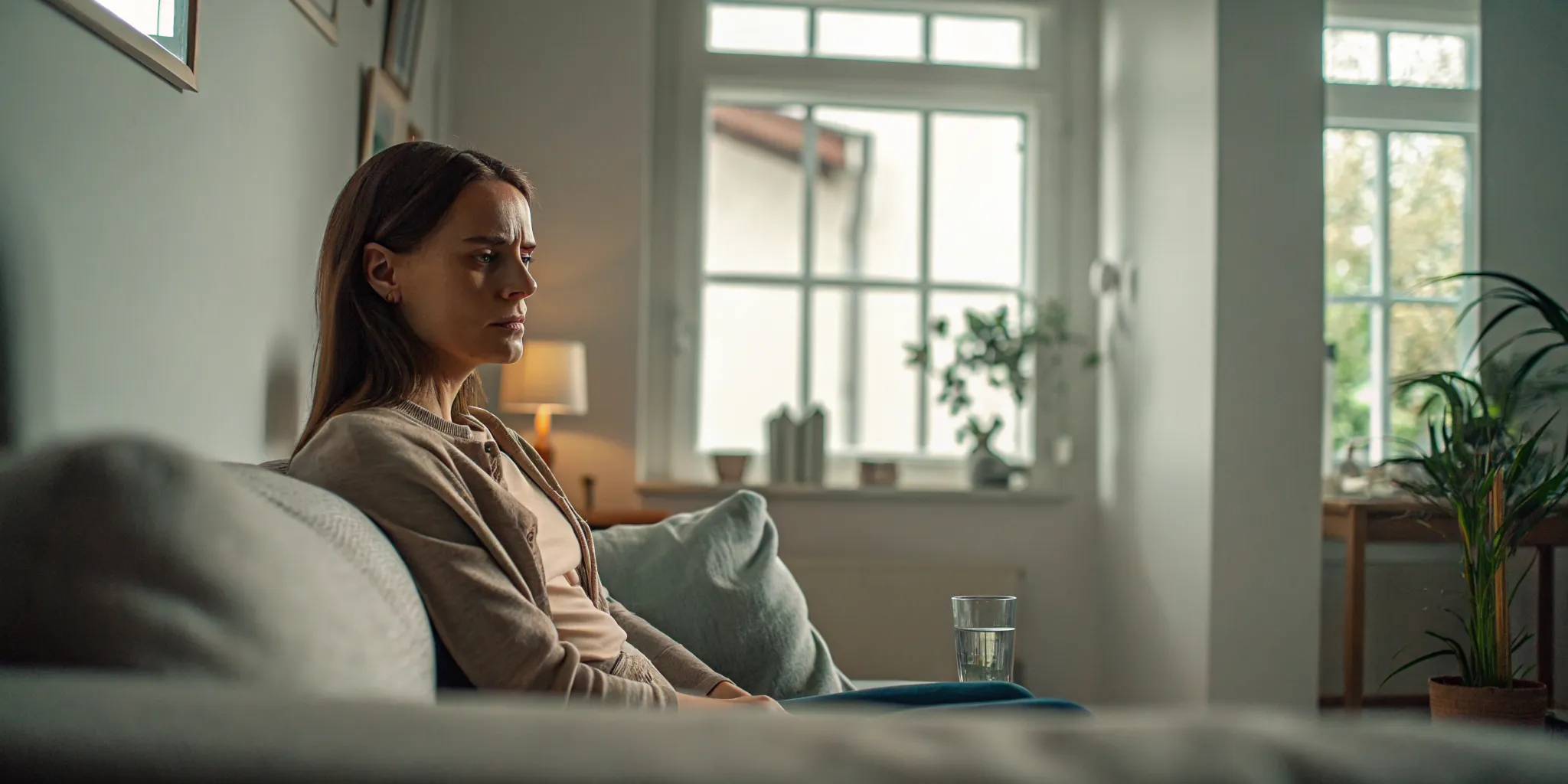 Woman sitting on a couch at home, holding a glass of water, thoughtful expression in a calm residential setting