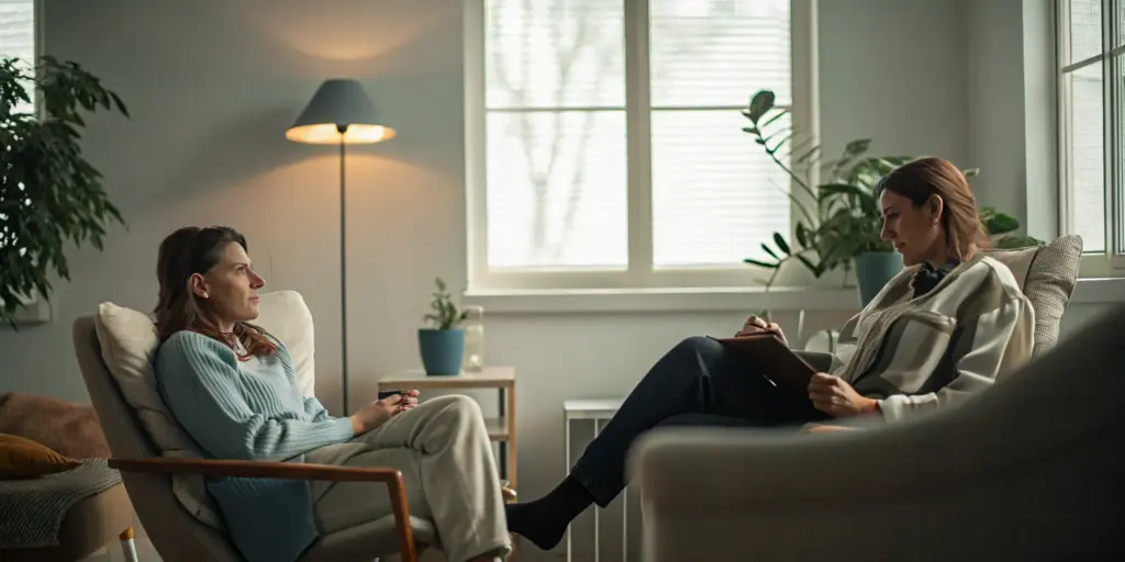 A compassionate counselor speaking with a person in recovery in a warm therapy office