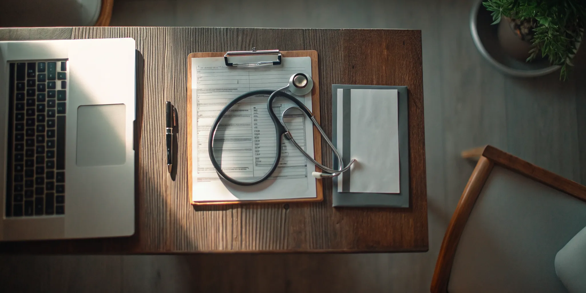 A compassionate and professional setting with health insurance documents, a stethoscope, and an insurance card on a warm wooden table