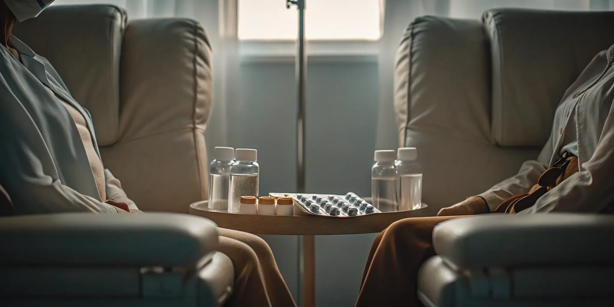 Medication-Assisted Treatment concept with prescription bottles and healthcare setting in calming blue tones