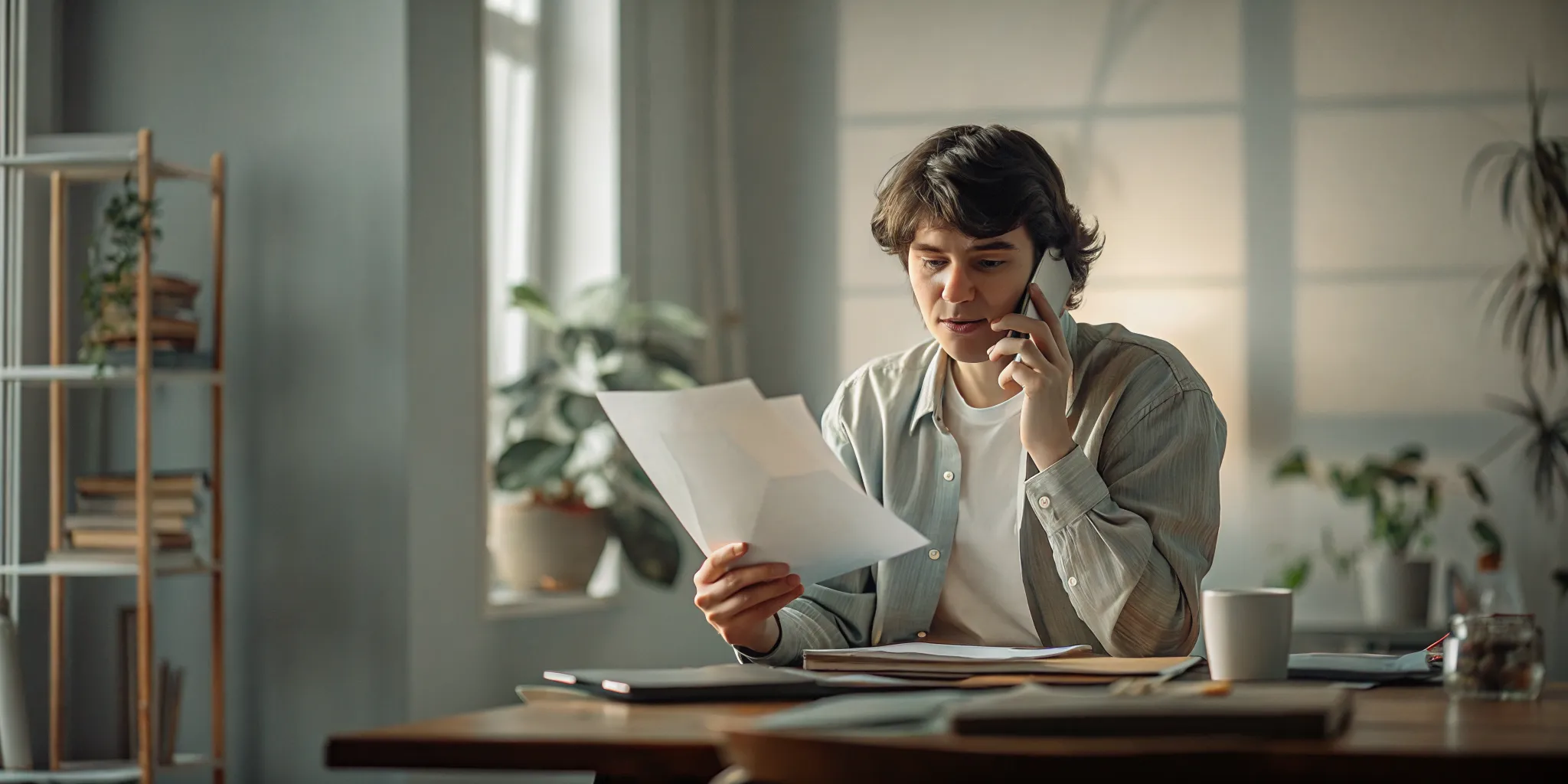 Person reviewing treatment options on a phone at a table, calm and hopeful atmosphere